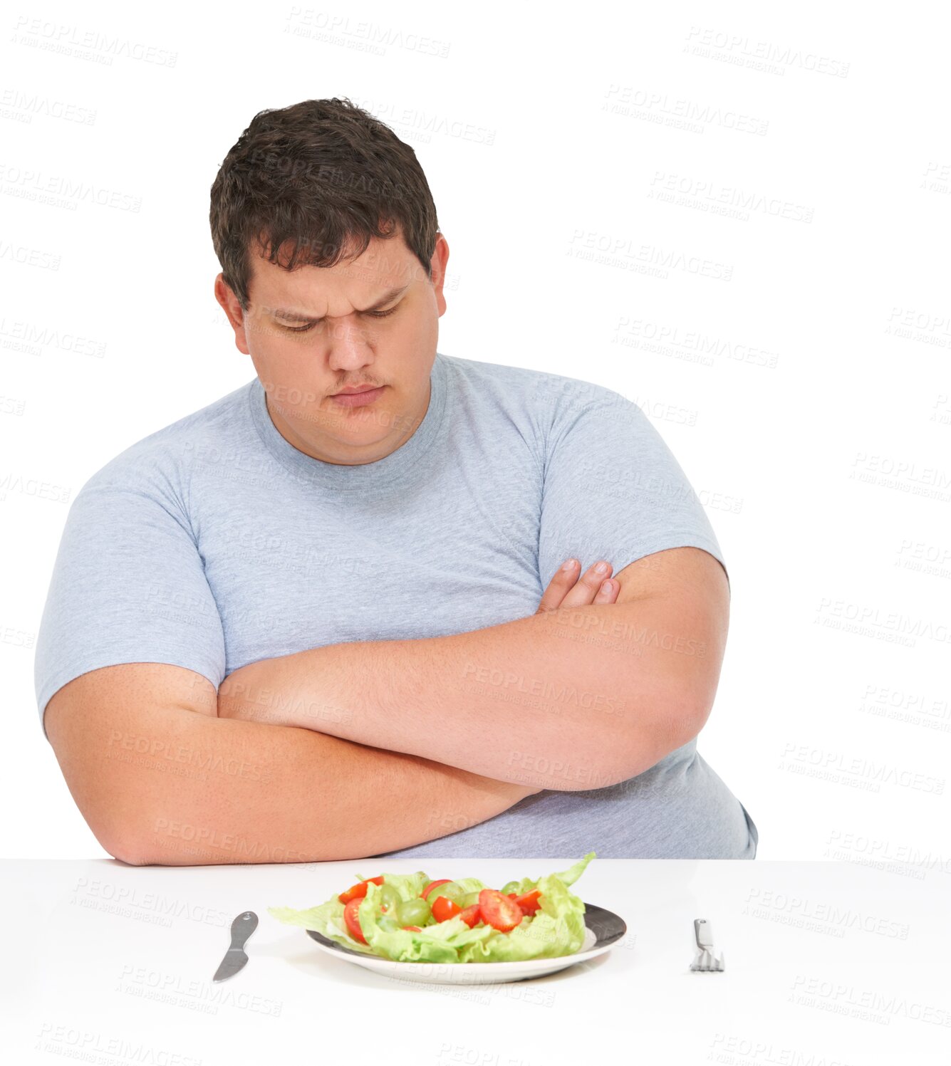 Buy stock photo Man, plus size and angry with healthy food, arms crossed and salad for weight loss isolated on png transparent background. Upset about diet, lunch meal with vegetables and nutrition, hungry and sad