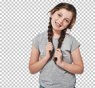 Buy stock photo Happy little girl, portrait and smile standing with hair isolated on a transparent PNG background. Female person, cute kid or small child smile with teeth and posing in happiness, youth or confidence