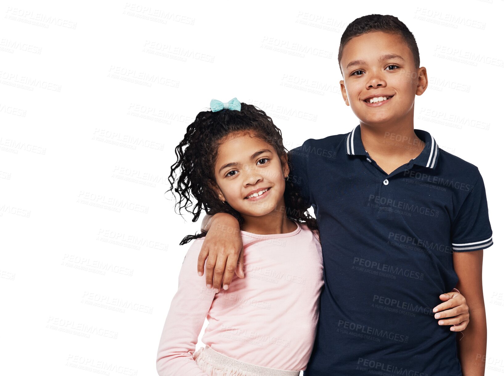 Buy stock photo Mexican, portrait and siblings with kids, hugging and isolated on a png transparent background with big brother, sister and casual clothes. Happiness, family and embrace with care, love and together