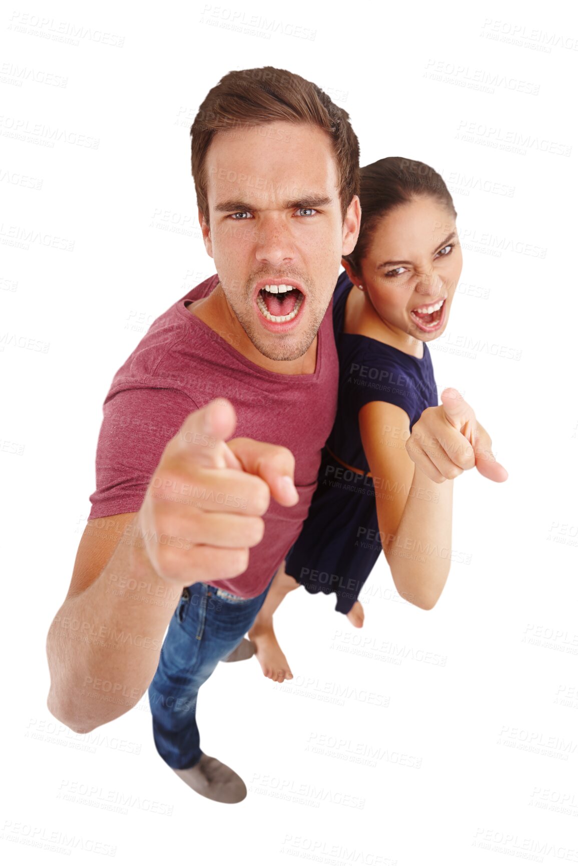 Buy stock photo Isolated couple, angry and point at you from above with shout, stress or fight by transparent png background. Man, woman and conflict with scream, blame and together with frustrated face in portrait