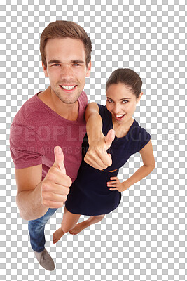 Buy stock photo Isolated couple, thumbs up and smile in portrait for review, agreement or vote by transparent png background. Above man, woman and feedback for choice, opinion or success with sign language for emoji