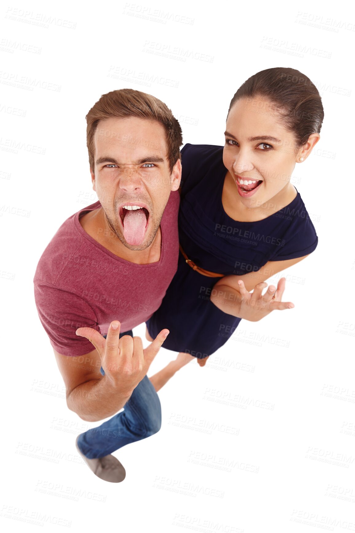 Buy stock photo Isolated couple, rock sign and hand with tongue, concert or punk emoji by transparent png background. Above man, woman and horns icon in comic portrait, funny face or hug with symbol for heavy metal