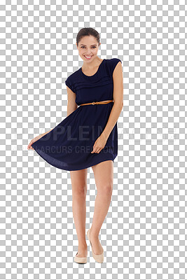 Buy stock photo Portrait, woman and smile for fashion in dress with happiness for boutique, confidence and beauty. Female model, happy and isolated on a transparent png background for wellness, vacation or summer