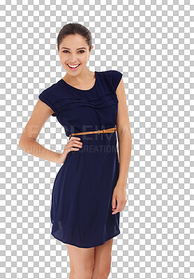 Buy stock photo Fashion, smile and portrait of young woman with elegant, stylish and beautiful dress outfit. Happy, style and female model from Canada with formal clothes isolated by transparent png background.