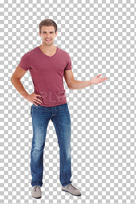 Buy stock photo Portrait, happy and man with hand pointing to fashion, sale or news on isolated, transparent or png background. Deal, announcement and male model show platform, offer or coming soon clothes discount