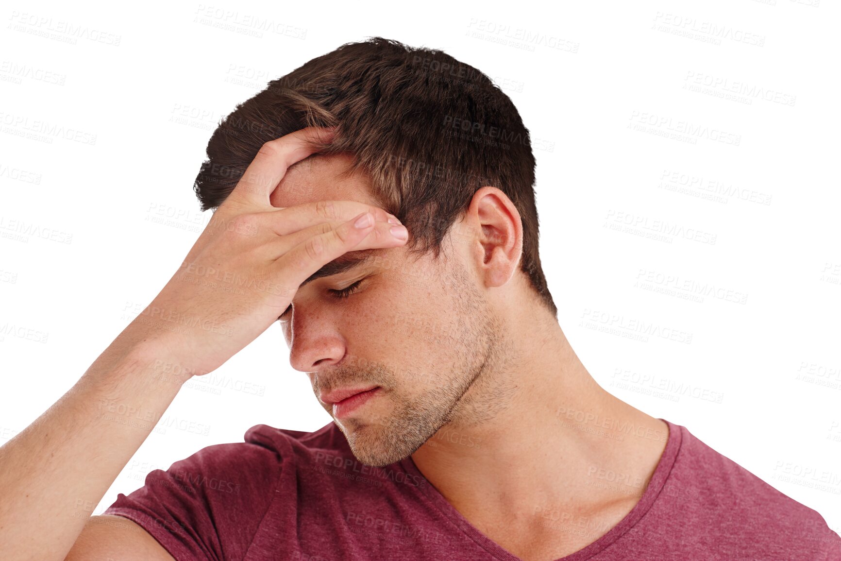 Buy stock photo Stress, anxiety and man with headache, burnout or frustrated on isolated, transparent and png background. Depression, face and male model with mental health crisis, mistake or wrong choice trauma