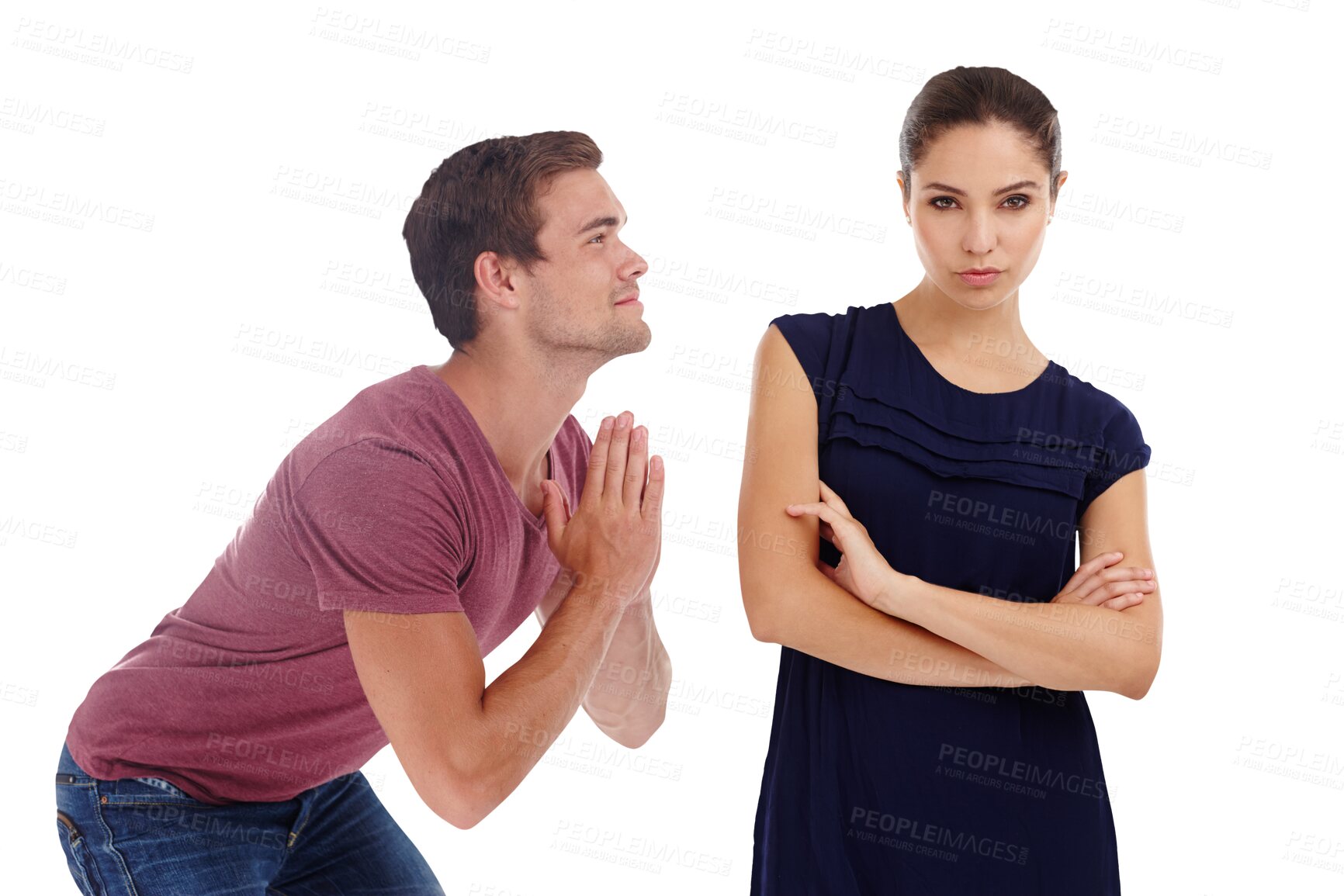 Buy stock photo Couple, conflict and man is sorry with angry woman, forgiveness and mistake isolated on png transparent background. Begging, apologize and people fight in relationship, trust fail and marriage crisis