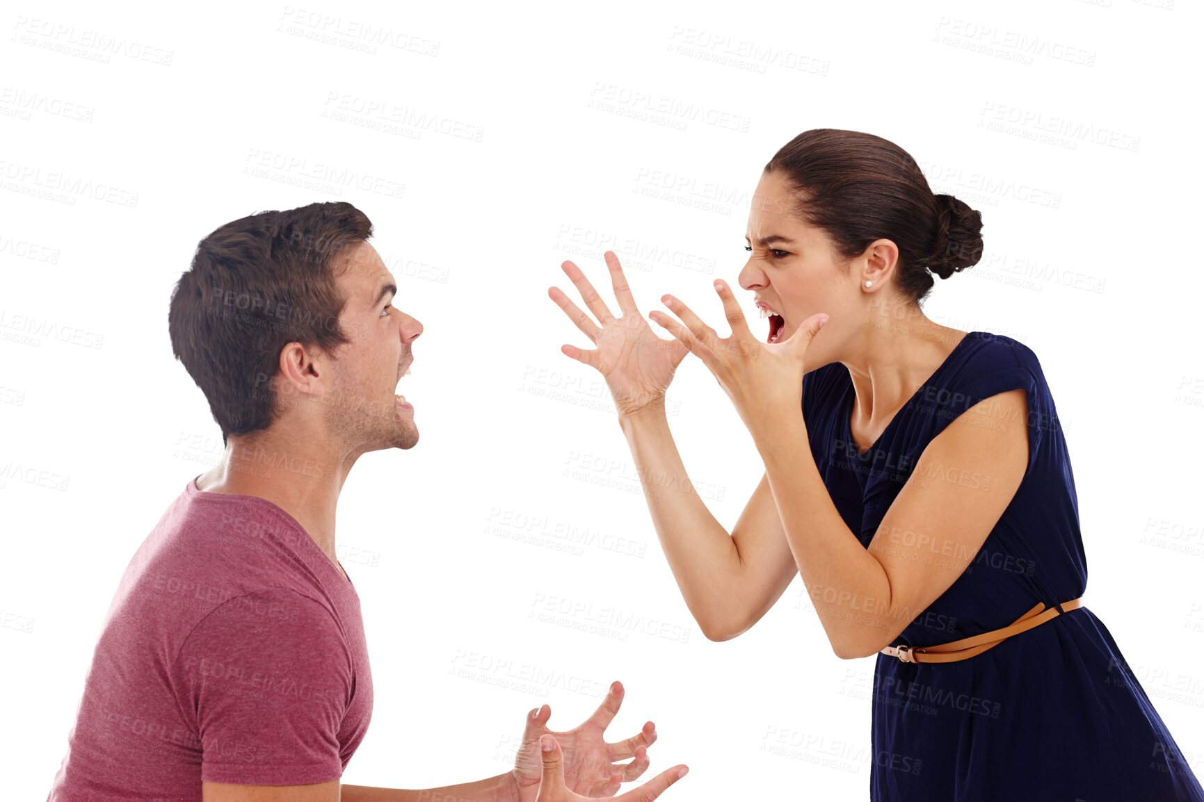 Buy stock photo Divorce, stress and couple, fight and shout, angry or argue on isolated, transparent or png background.  Marriage, crisis and people with anxiety, scream or frustrated by liar, infertility or doubt