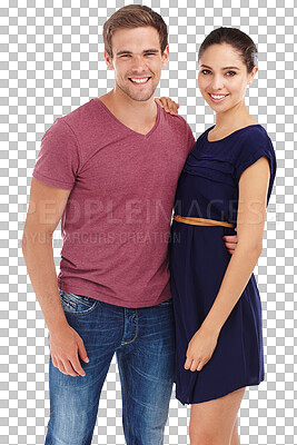 Buy stock photo Portrait, smile and love of couple, care and bonding isolated on a transparent png background. Happy man, woman and support in healthy relationship together, trust in romantic connection and security