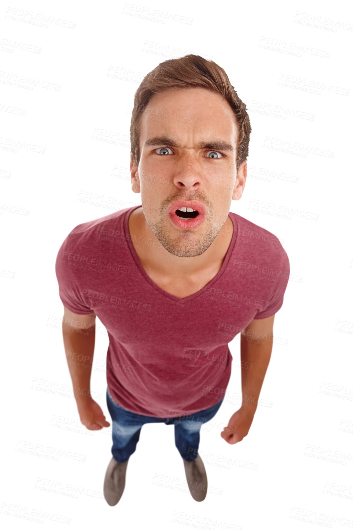 Buy stock photo Man, portrait and frustrated face, with full body, above and isolated on a png transparent background with mouth open, annoyed and unsure. Angry, stand and closed fists while staring, speak and upset