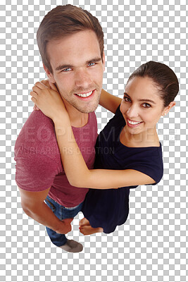 Buy stock photo Couple, hug in portrait and smile, top view and happiness, healthy relationship and trust isolated on png transparent background. Face, man and woman are together with life partner and commitment