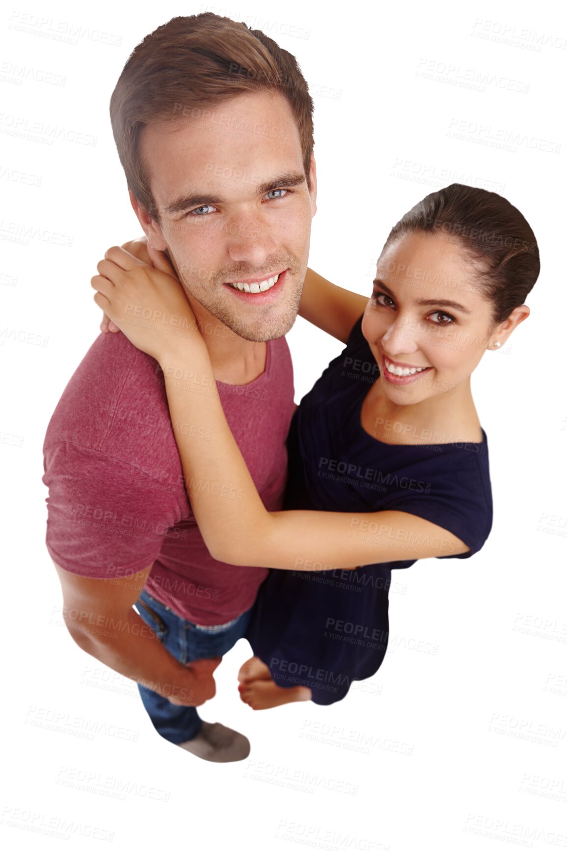 Buy stock photo Couple, hug in portrait and smile, top view and happiness, healthy relationship and trust isolated on png transparent background. Face, man and woman are together with life partner and commitment