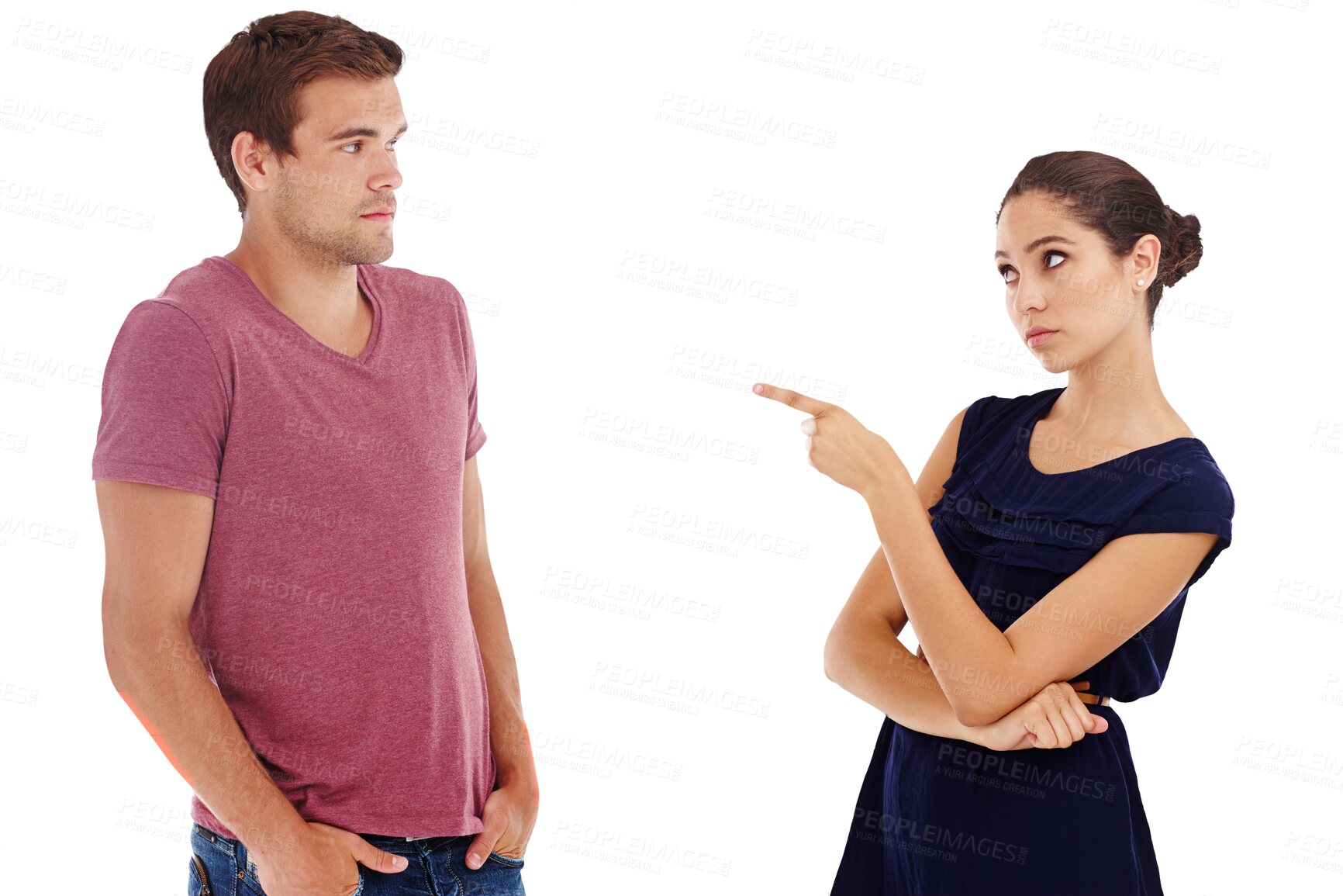 Buy stock photo Divorce, accountability and couple fight with woman hand pointing in blame, isolated or transparent, png or background. Marriage, confrontation and female frustrated by liar, man or cheat confession