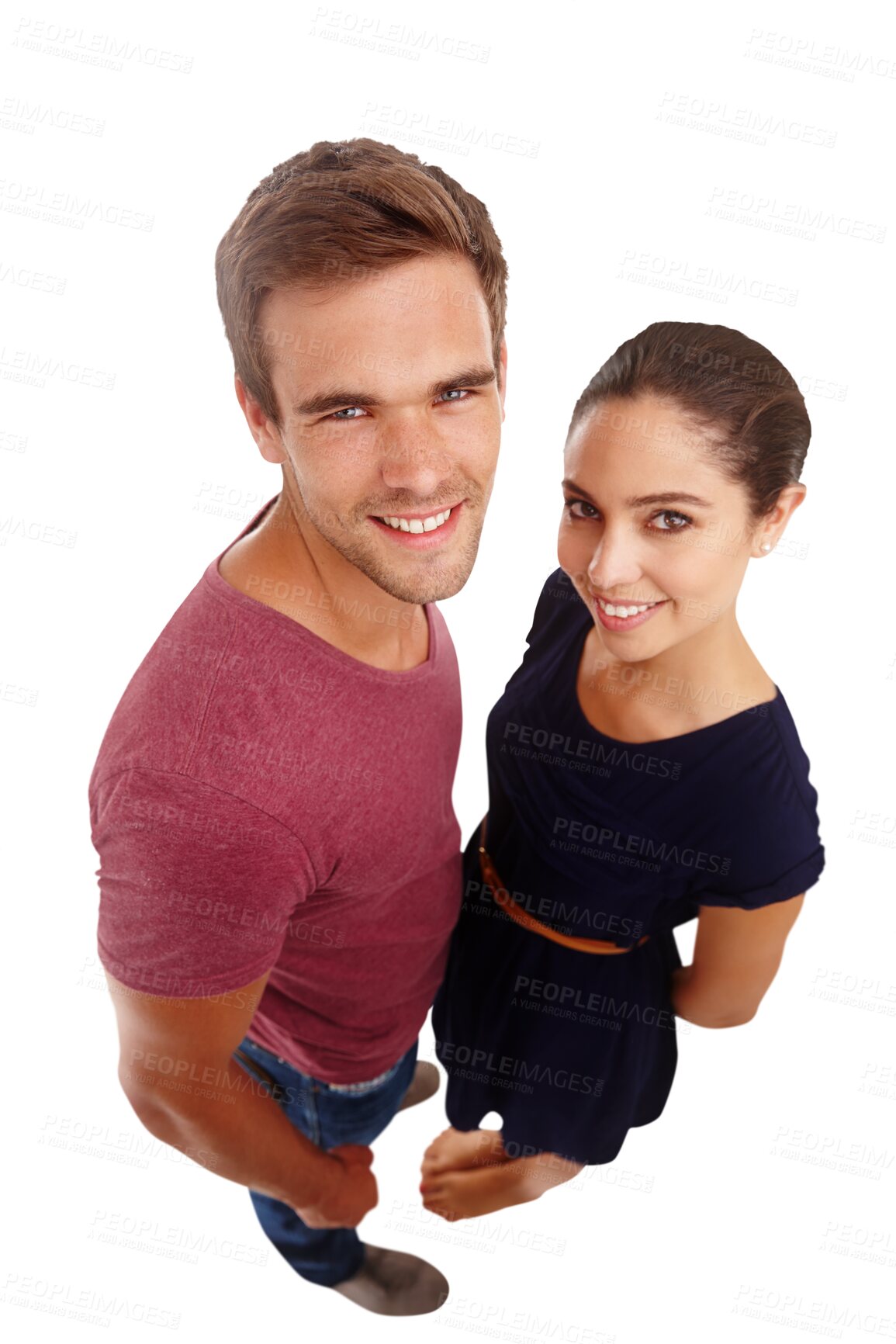 Buy stock photo Couple, portrait and smile with high angle and happiness, healthy relationship and trust isolated on png transparent background. Face, man and woman are together with life partner and commitment