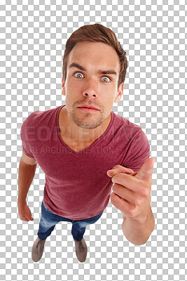 Buy stock photo Man, portrait and pointing, serious or warning for risk, stop or attention with big eyes isolated on transparent png background. Young person or model looking angry, surprise or shocked above