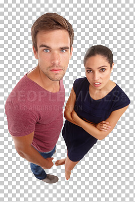 Buy stock photo Portrait, serious couple and fashion, love and isolated on transparent png background. Face, man and woman with arms crossed in healthy relationship for style, attitude and trendy clothes in top view