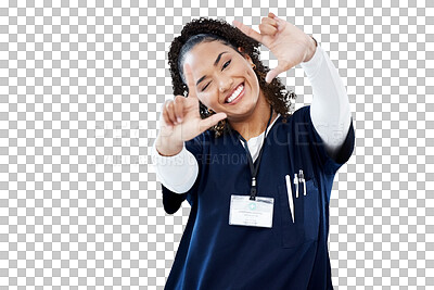 Buy stock photo Woman, doctor portrait and hand frame for medical photography, social media and happy healthcare. Young african nurse or ADN student with picture sign or emoji isolated on transparent png background