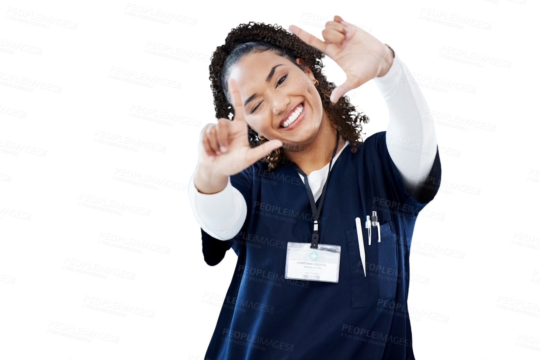 Buy stock photo Woman, doctor portrait and hand frame for medical photography, social media and happy healthcare. Young african nurse or ADN student with picture sign or emoji isolated on transparent png background