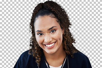 Buy stock photo Portrait, brazilian woman and medical nurse isolated on a transparent png background with smile, happy face and healthcare worker. Friendly, treatment and hospital staff for support, trust and help