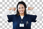 Doctor, portrait or flexing muscle in hospital success, medical trust or empowerment strength on mockup. Smile, happy or nurse in strong biceps for woman healthcare, wellness leadership or motivation