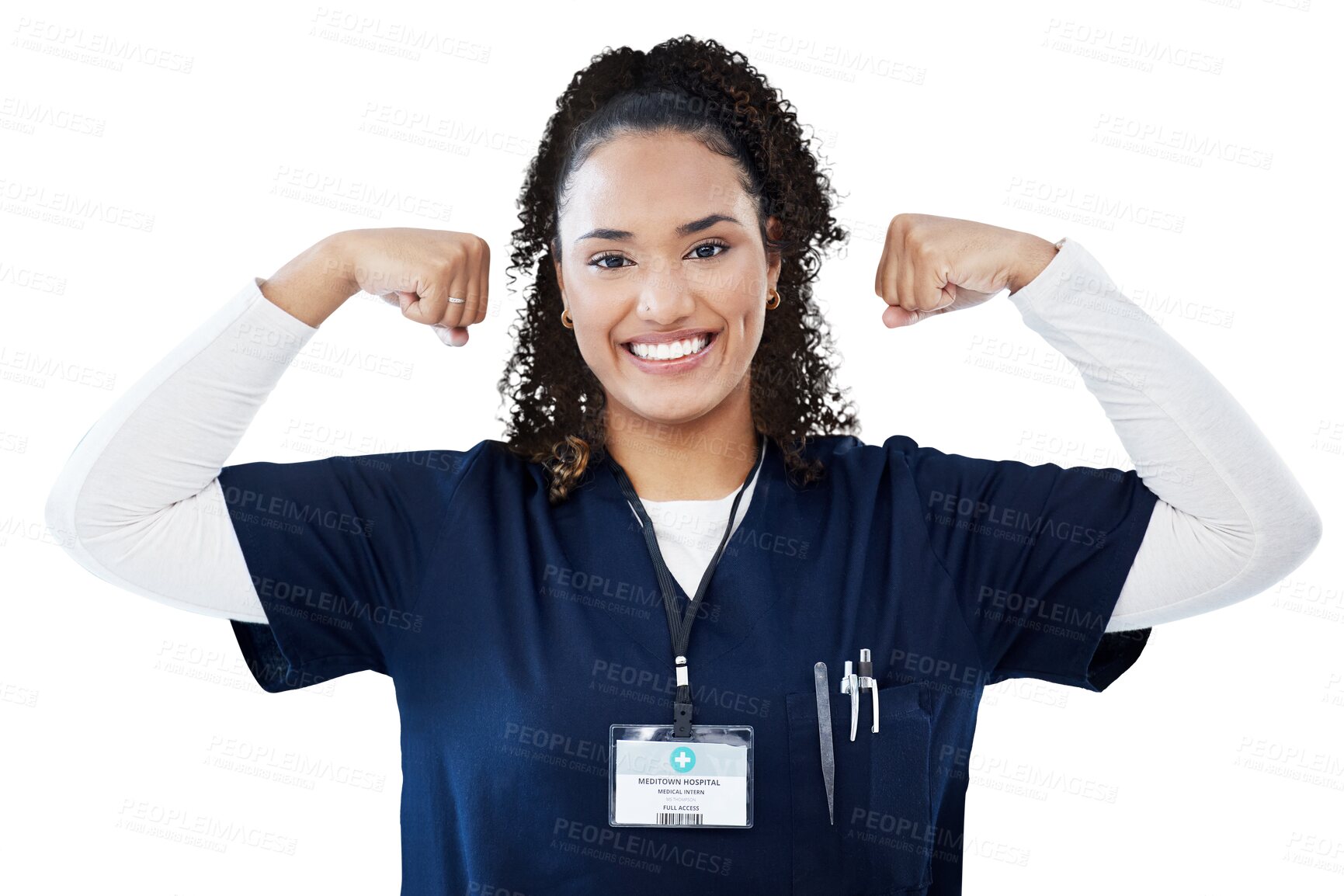 Buy stock photo Woman, doctor and power or flex for healthcare, strong medical worker and energy with smile. Portrait of african nurse, medical hero or student fist muscle isolated on a transparent, png background