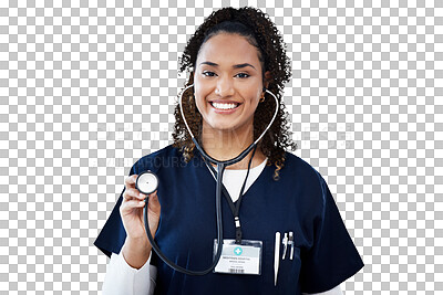 Buy stock photo Doctor portrait, happy woman and stethoscope in cardiology, healthcare service and support or check. Heart, patient POV and african nurse in medical services isolated on a transparent, png background