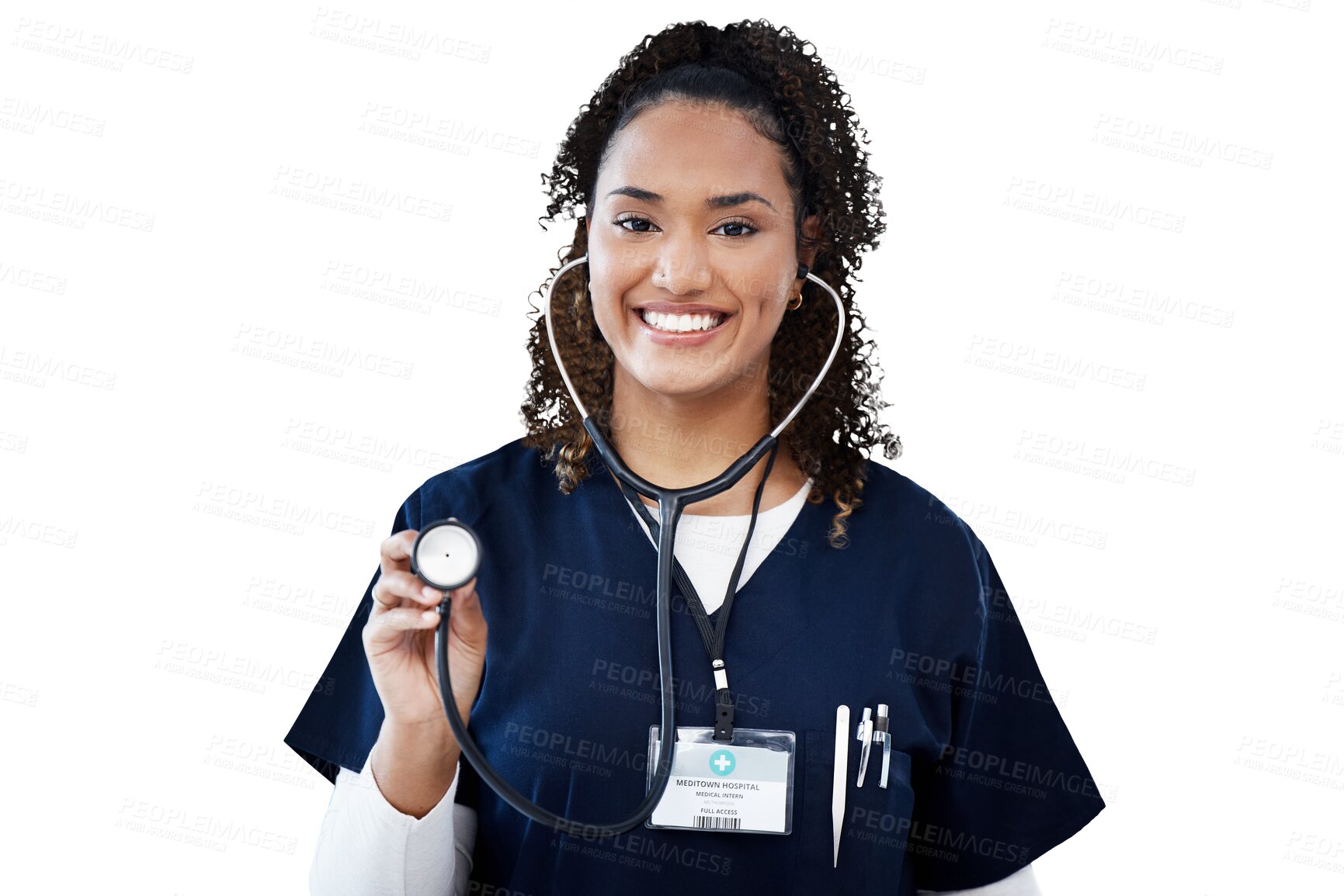 Buy stock photo Doctor portrait, happy woman and stethoscope in cardiology, healthcare service and support or check. Heart, patient POV and african nurse in medical services isolated on a transparent, png background