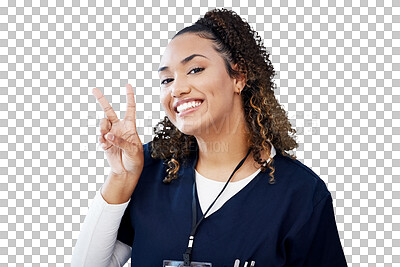 Buy stock photo Isolated nurse woman, portrait and peace sign for smile, kindness and care by transparent png background. Doctor, happy medic and wellness professional with face for clinic job, emoji and hospital