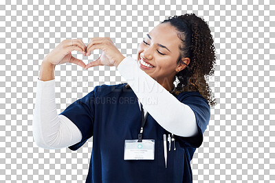 Buy stock photo Isolated nurse woman, love and heart hands for smile, kindness and care by transparent png background. Doctor, happy medic and wellness professional with icon for job, cardiology emoji and hospital