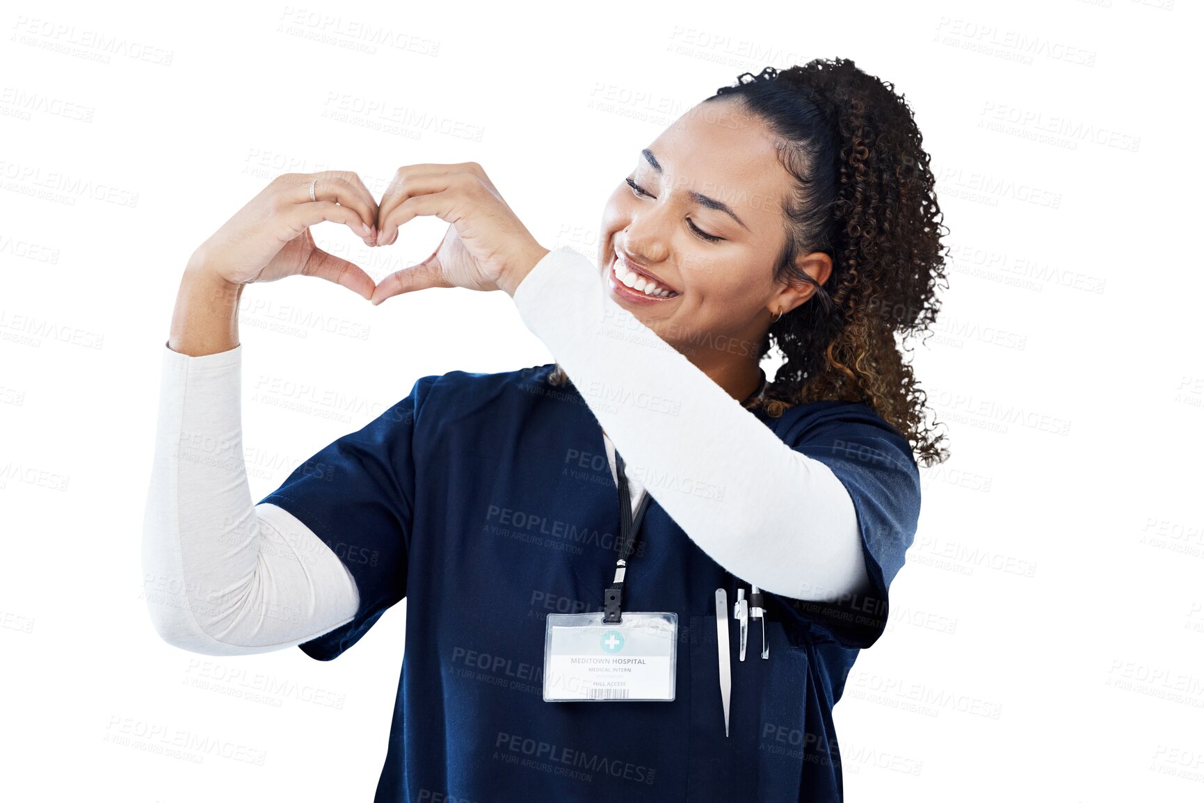 Buy stock photo Isolated nurse woman, love and heart hands for smile, kindness and care by transparent png background. Doctor, happy medic and wellness professional with icon for job, cardiology emoji and hospital