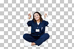 Nurse, portrait or pointing up at hospital promotion, life insurance deal or advertising mockup space. Smile, happy or doctor showing hands at woman healthcare, wellness mock up or volunteer branding