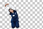 Tired nurse, stretching or arms up on hospital mockup, clinic backdrop or wall mock up in wellness mobility, joint support or healthcare. Doctor, woman or medical physiotherapist and hands in warm up