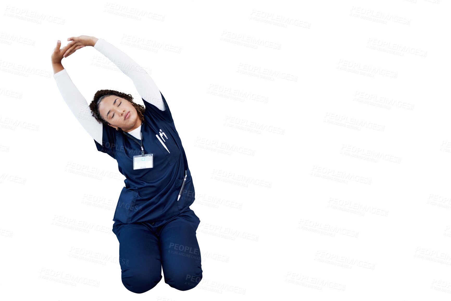 Buy stock photo Tired nurse, arms and stretching for exercise or mobility on a png transparent background with eyes closed. Doctor, woman and healthcare with joint warm up for wellness support or physiotherapy