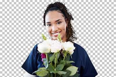 Buy stock photo Isolated nurse woman, portrait and flowers with smile, care and present by transparent png background. Doctor, happy medic or wellness professional with gift at clinic job, hospital and healthcare