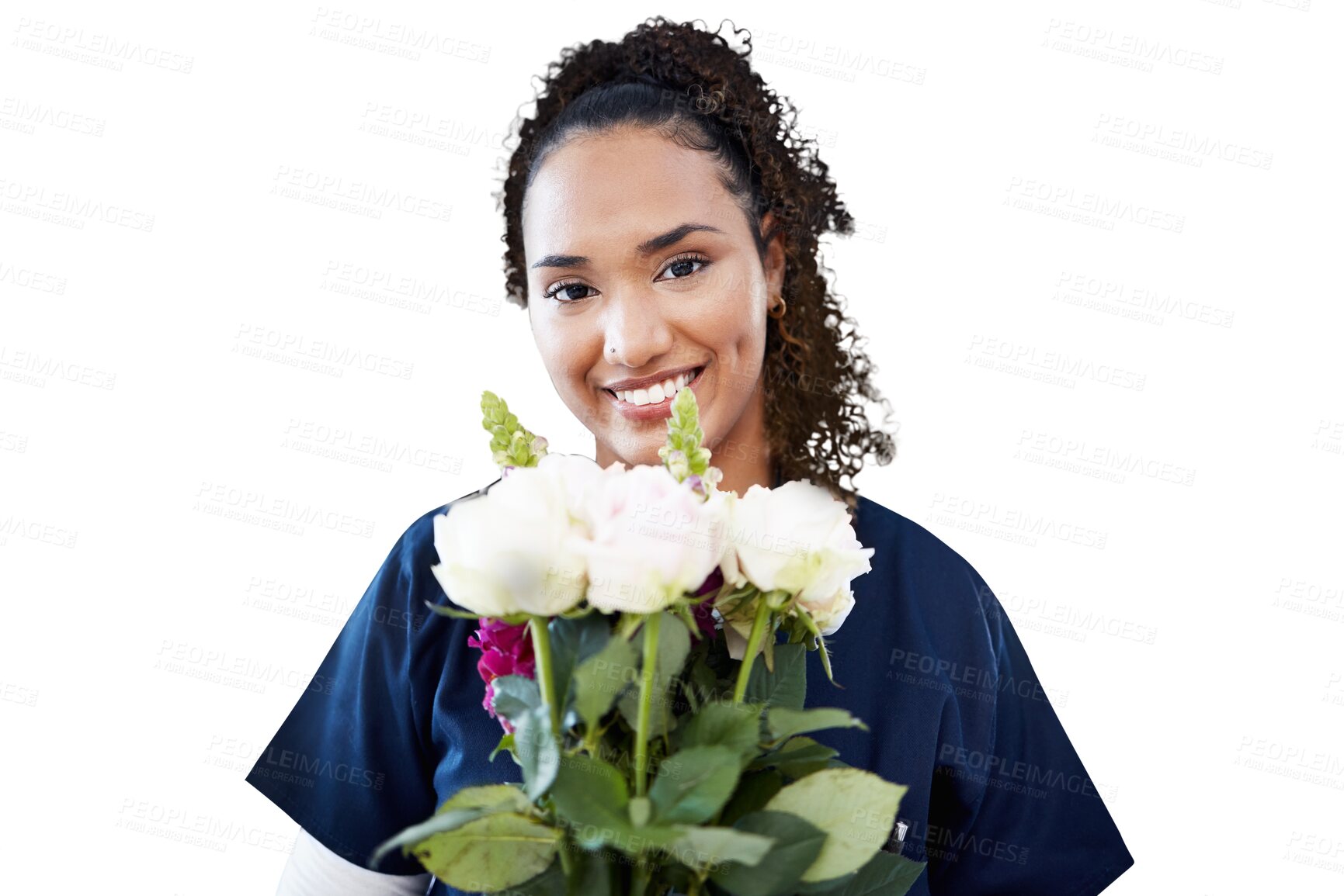 Buy stock photo Isolated nurse woman, portrait and flowers with smile, care and present by transparent png background. Doctor, happy medic or wellness professional with gift at clinic job, hospital and healthcare