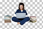 Nurse, laptop or typing in hospital research, wellness books study or education in medicine scholarship on mockup wall. Medical student, woman or healthcare technology for worker research internship