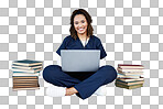 Nurse, portrait or laptop in hospital research, wellness books study or education in medicine scholarship on mockup wall. Smile, happy or medical student on healthcare technology for woman internship