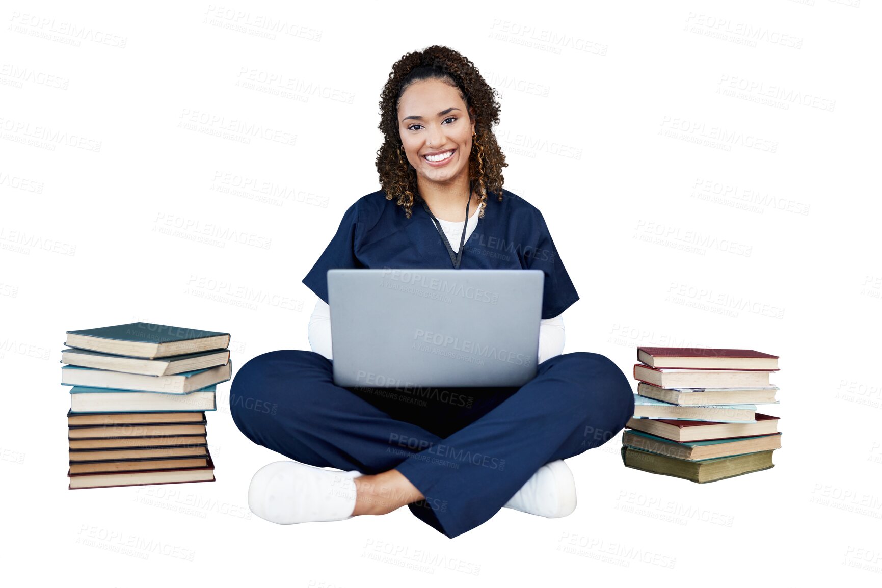 Buy stock photo Doctor, woman and laptop for healthcare research, studying and university books and happy education. Medical portrait of nurse or student learning on computer isolated on transparent png background