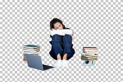 Nurse, stress and medical student depression on laptop, research books or hospital fatigue in learning burnout. Tired, sad and healthcare woman by technology in medicine internship anxiety on mock up