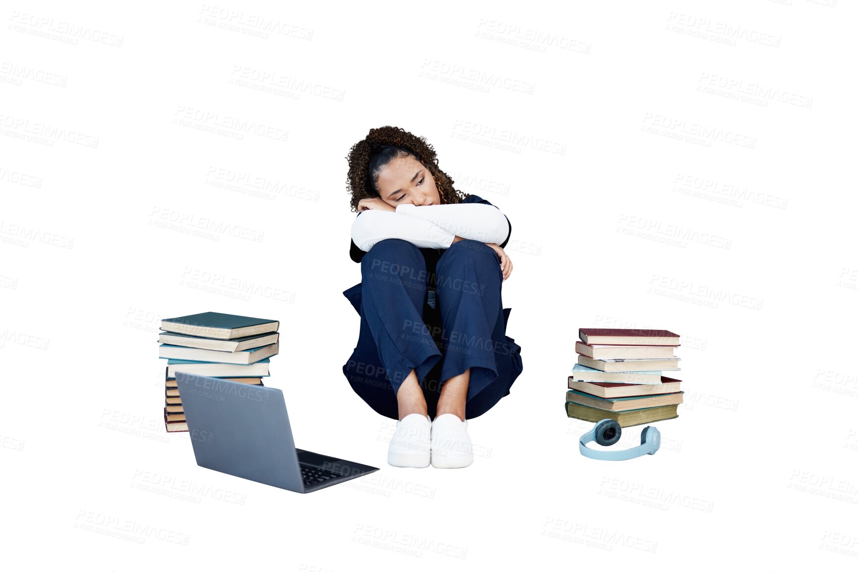 Buy stock photo Laptop, books and stress with a woman student isolated on a transparent background for healthcare. Computer, research and fatigue of young medicine professional or nurse PNG tired from medical study