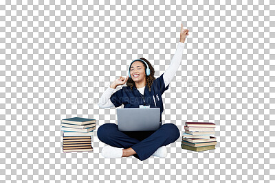 Buy stock photo Doctor, headphones and dance on laptop for healthcare, studying and university books or happy education. Medical woman, nurse or student listening to music isolated on a transparent, png background