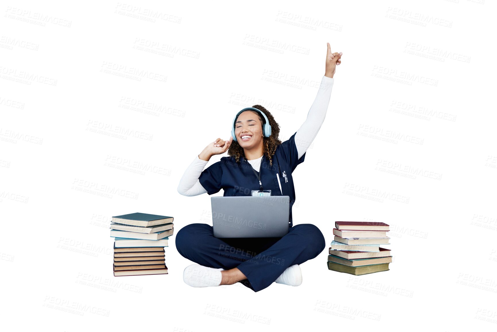 Buy stock photo Doctor, headphones and dance on laptop for healthcare, studying and university books or happy education. Medical woman, nurse or student listening to music isolated on a transparent, png background