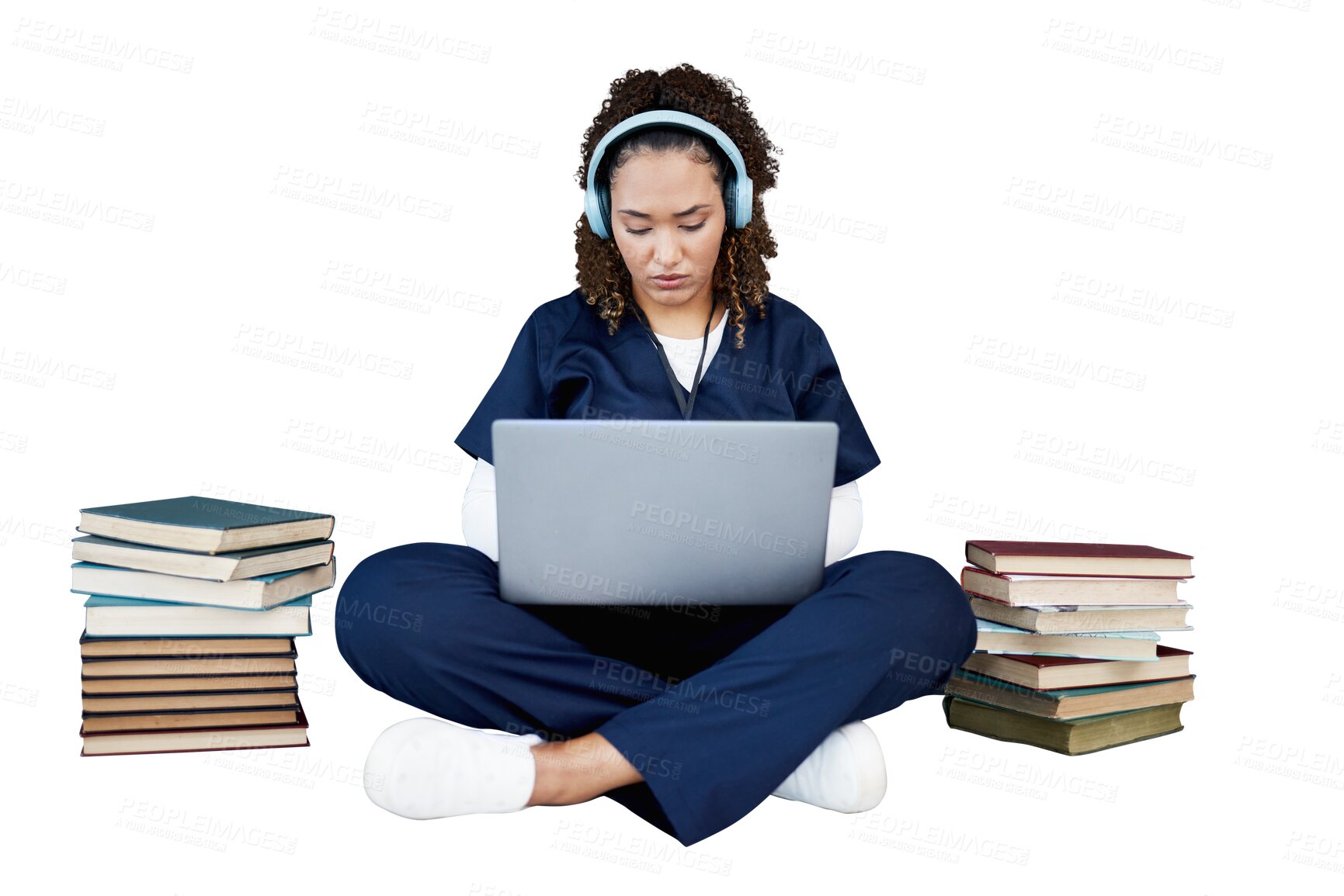 Buy stock photo Doctor, student in headphones and laptop for healthcare research, studying and university books or education. Medical woman or nurse listening to music on pc isolated on a transparent, png background