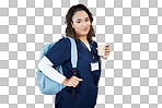 Nurse, portrait or backpack for medical student, hospital internship or medicine university on isolated wall mockup. Smile, happy or doctor and coffee, ideas or healthcare goals  for woman learning