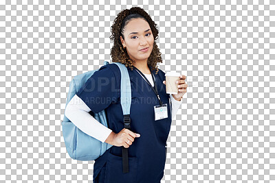 Buy stock photo Student, doctor and woman in backpack for education, healthcare internship and happy learning. Portrait of nurse or african person for medical school and coffee isolated on transparent png background