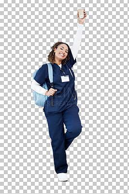 Woman, portrait or excited in medical school success, hospital internship goals or medicine university dream. Smile, happy or nurse and backpack, coffee or motivation on isolated mockup for education