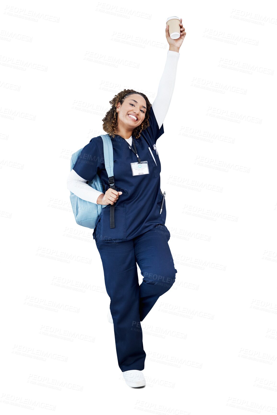 Buy stock photo Woman, backpack and portrait for medical student, smile and hospital internship with education. Isolated doctor, nurse and celebration at school, scholarship or coffee on transparent png background

