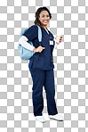 Woman, portrait or backpack for medical school, hospital internship goals or medicine university dream. Smile, happy or nurse with coffee on isolated mockup for education with learning bag for study