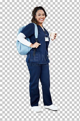 Buy stock photo Student, nurse and woman in backpack for education, healthcare internship and happy learning. Portrait of doctor or african person for medical school and coffee isolated on transparent png background