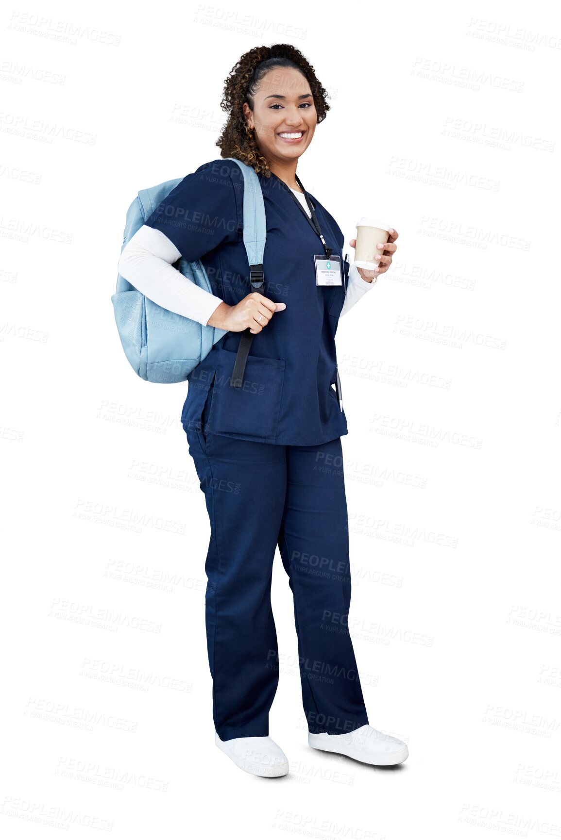 Buy stock photo Student, nurse and woman in backpack for education, healthcare internship and happy learning. Portrait of doctor or african person for medical school and coffee isolated on transparent png background